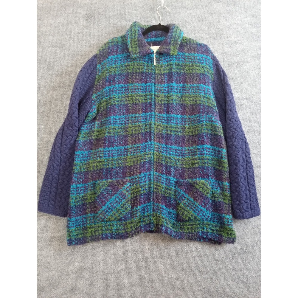 Boyne Valley Weavers Ireland Wool Blend Plaid Knit Sleeve Zip Jacket L